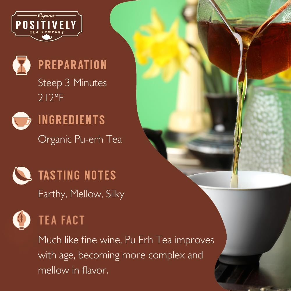 Organic Positively Tea Pu-Erh loose leaf closeup shows earthy aroma.