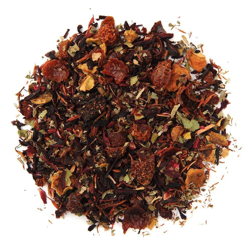 A warm cup of Organic Positively Very Berry Citrus with caffeine-free berry-citrus aroma.