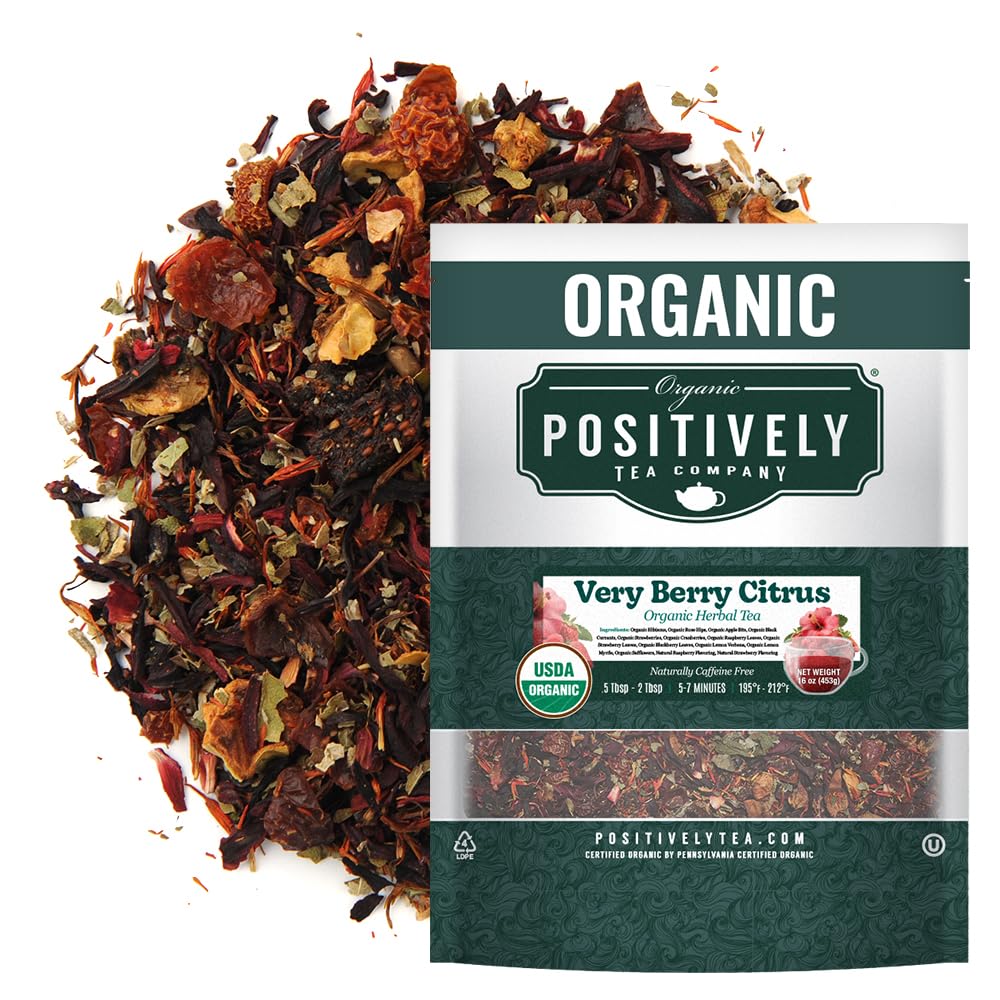 Organic Positively Tea Company Very Berry Citrus packaging showing a caffeine-free herbal blend.