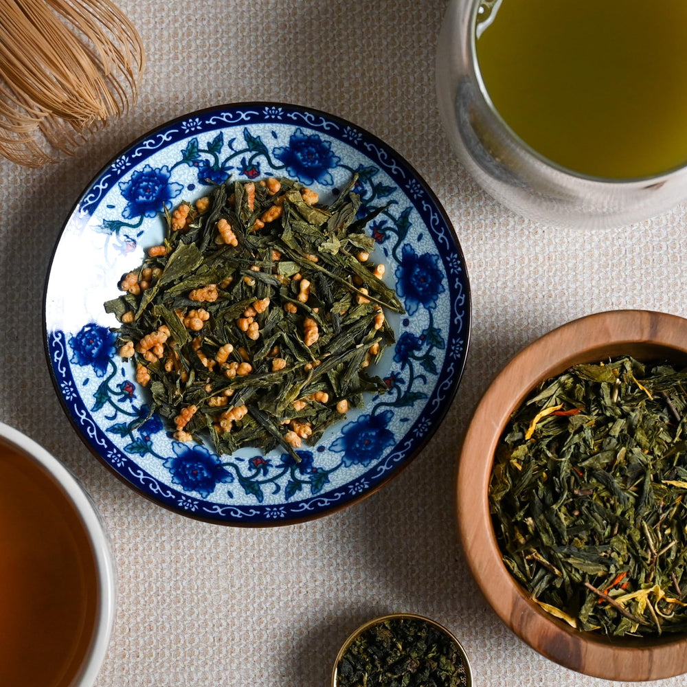 Organic Positively Genmaicha infusion with steam suggests smooth, balanced flavor