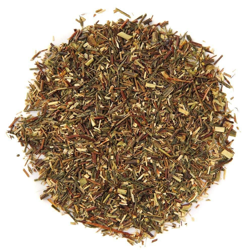 Close-up of Organic Positively Tea Company green rooibos leaves, grassy sweetness aroma.