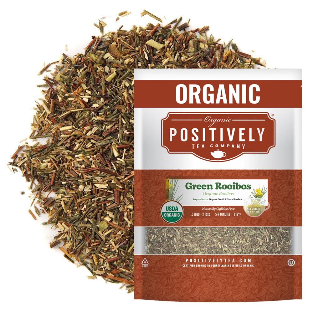 Organic Positively Tea Company green rooibos loose leaf, antioxidant-rich and caffeine-free.