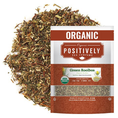 Organic Positively Tea Company green rooibos loose leaf, antioxidant-rich and caffeine-free.
