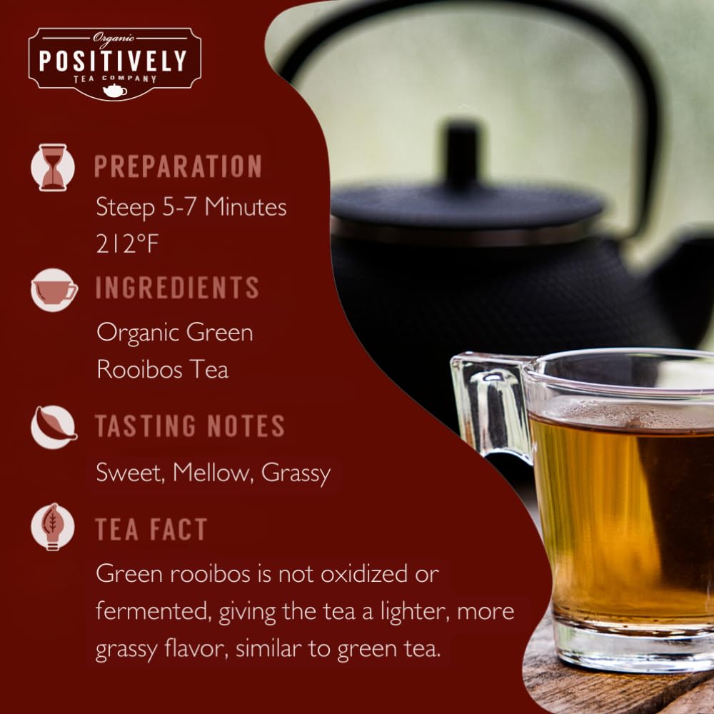 Packaging of Organic Positively Tea Company green rooibos for fresh, organic South African tea.