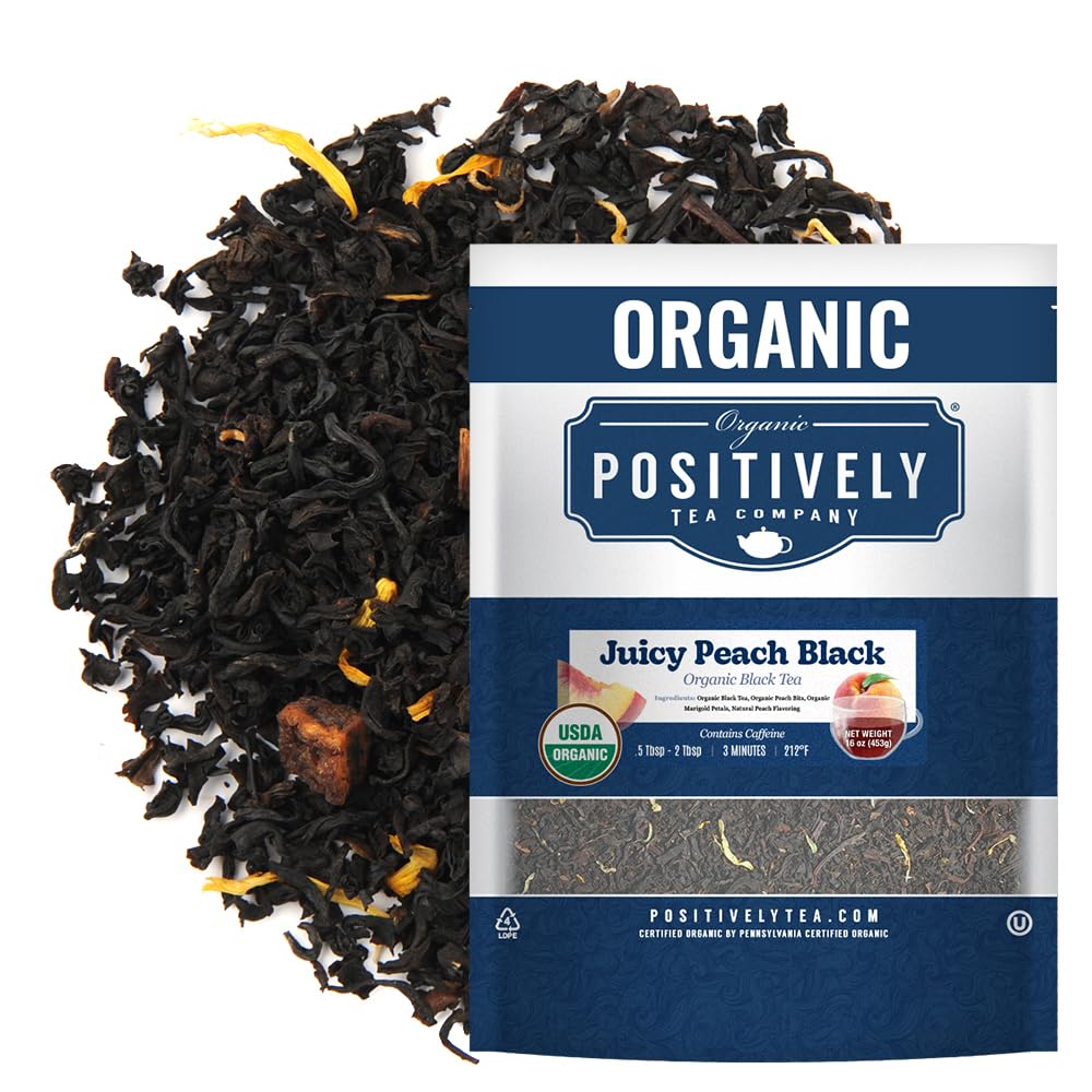 Organic Positively Tea Juicy Peach Black Tea pack shot highlighting antioxidant-rich blend