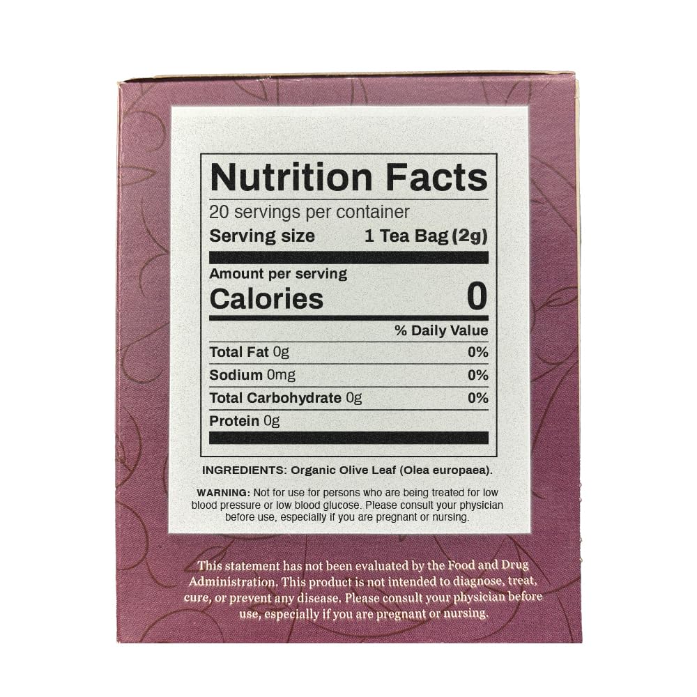 Packaging of Organic Positively olive leaf tea bags on counter for easy use.