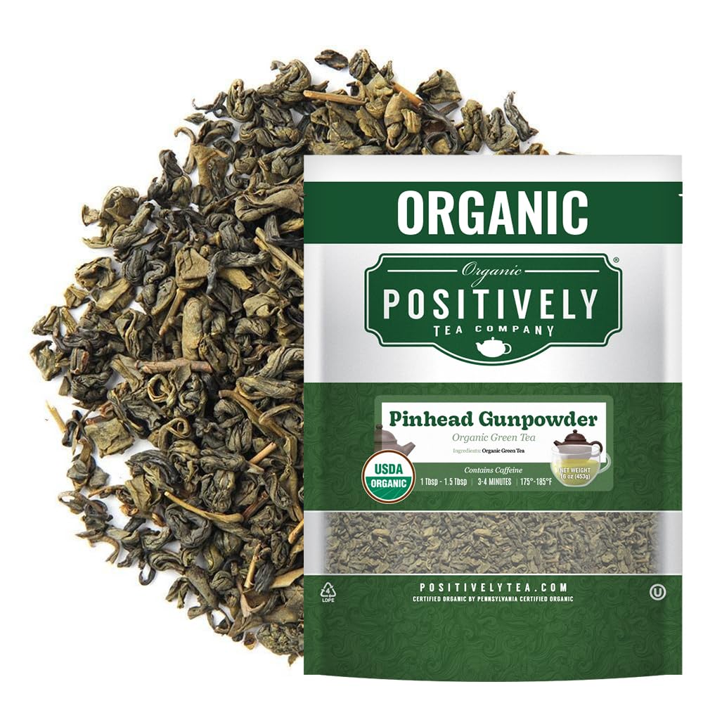Organic Positively Pinhead Gunpowder loose-leaf pearls ready for infusion.