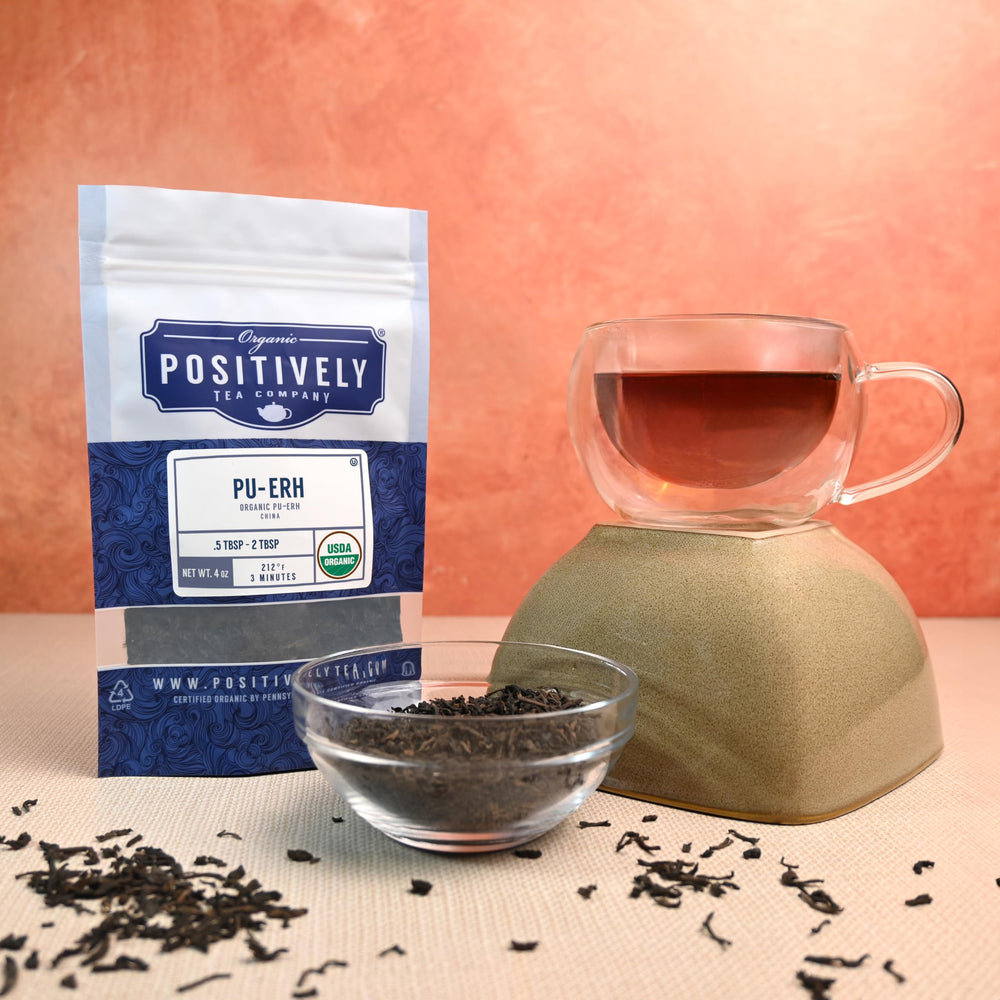Organic Positively Tea Pu-Erh dry leaves bulk image emphasizes natural quality.