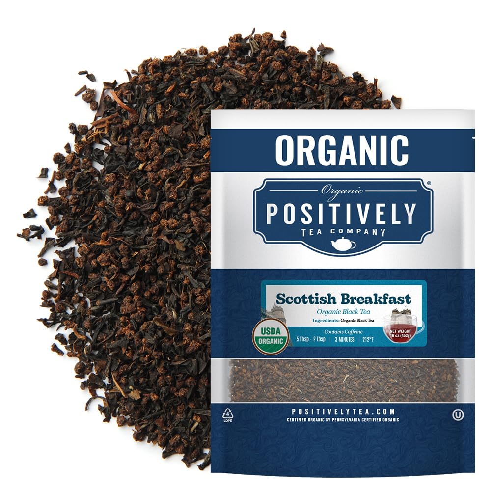 Organic Positively Tea Company Scottish Breakfast loose leaf tea ready for brewing and a bold morning cup