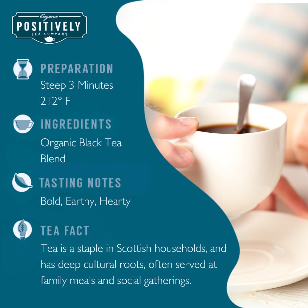 Scottish Breakfast packaging by Organic Positively Tea Company highlighting premium organic black tea