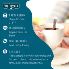 Scottish Breakfast packaging by Organic Positively Tea Company highlighting premium organic black tea