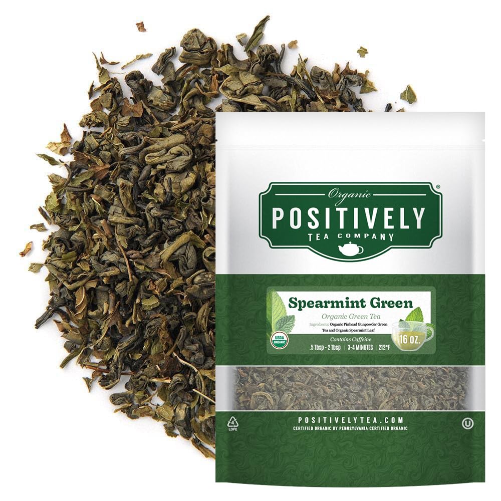Organic Positively Tea spearmint green loose-leaf 1lb box, fresh aroma for everyday tea rituals.