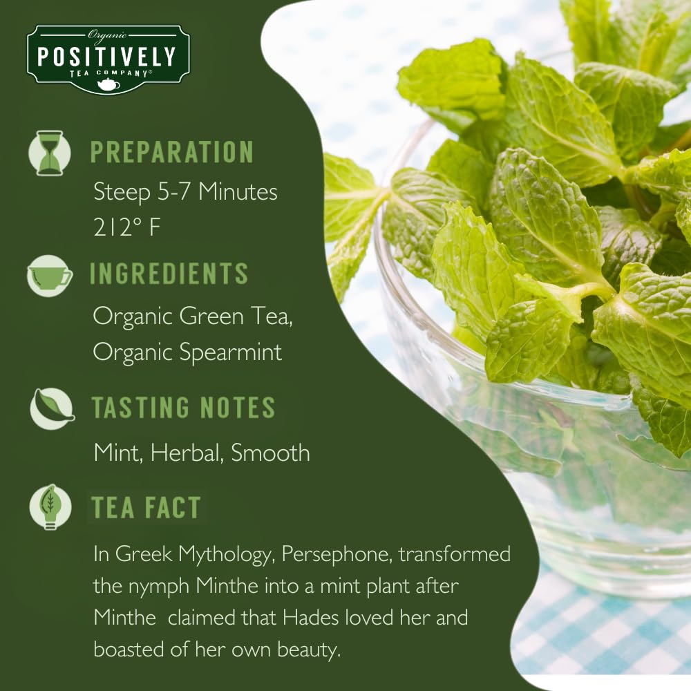 Organic Positively Tea spearmint green mug with steeping demonstrates inviting, relaxing cup preparation.