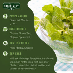 Organic Positively Tea spearmint green mug with steeping demonstrates inviting, relaxing cup preparation.