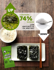 Organic roasted Korean seaweed sheets in lunchbox for quick savory bites.