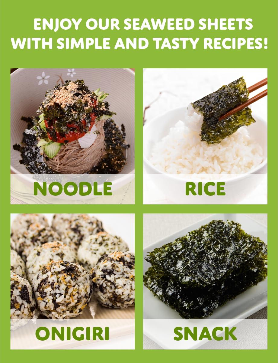 Seaweed sheets displayed on a plate, ready as a snack or garnish.