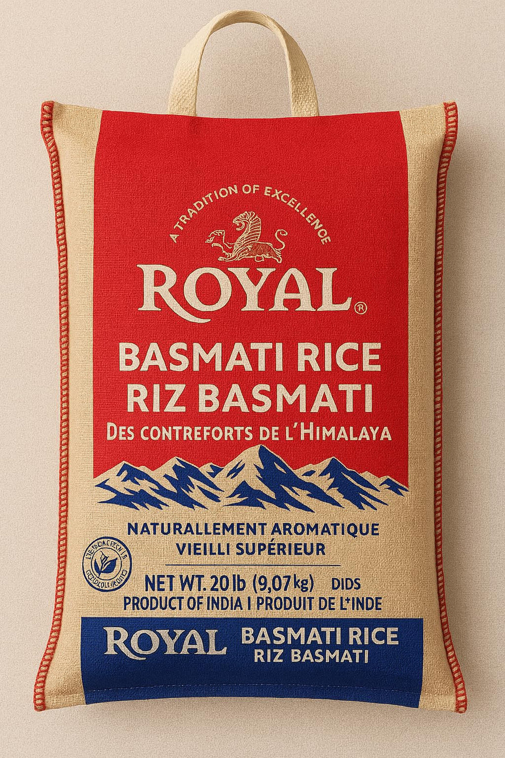 Organic Royal Basmati rice 20lb pack highlights premium grains for authentic Himalayan flavor.