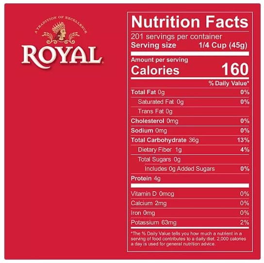 Organic Royal Basmati rice dry grains show slender kernels ideal for long, non-sticky textures.