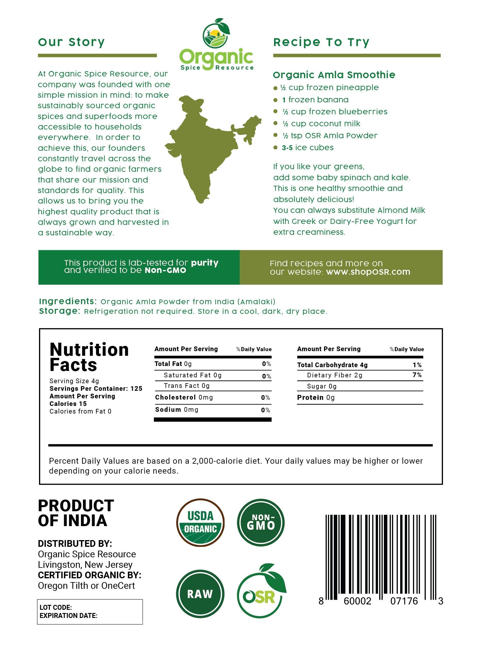 Organic Spice Resource amla powder scoop shown for easy measuring.