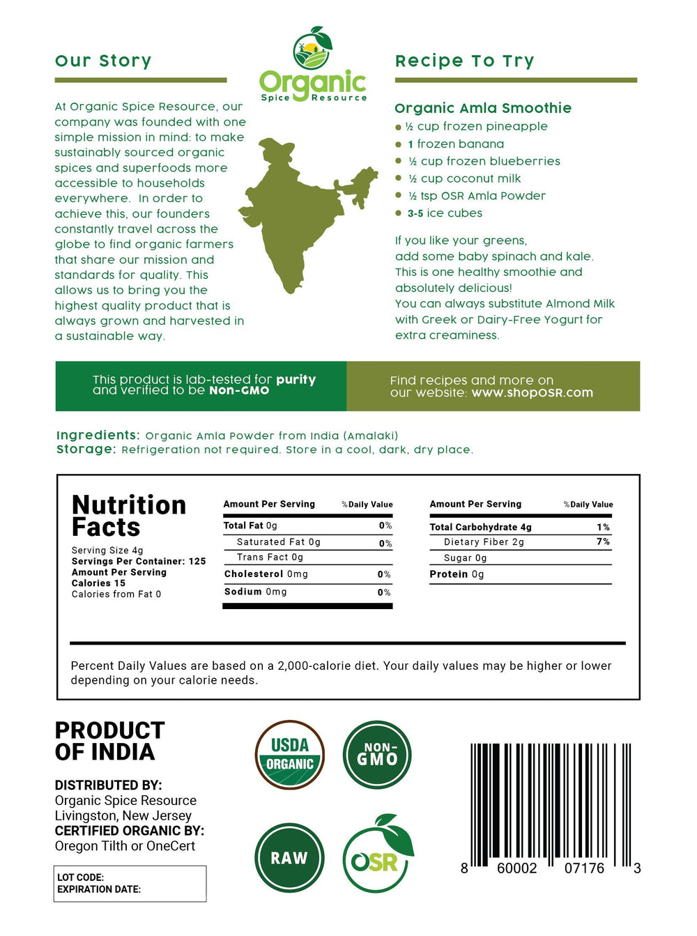 Organic Spice Resource amla powder scoop shown for easy measuring.