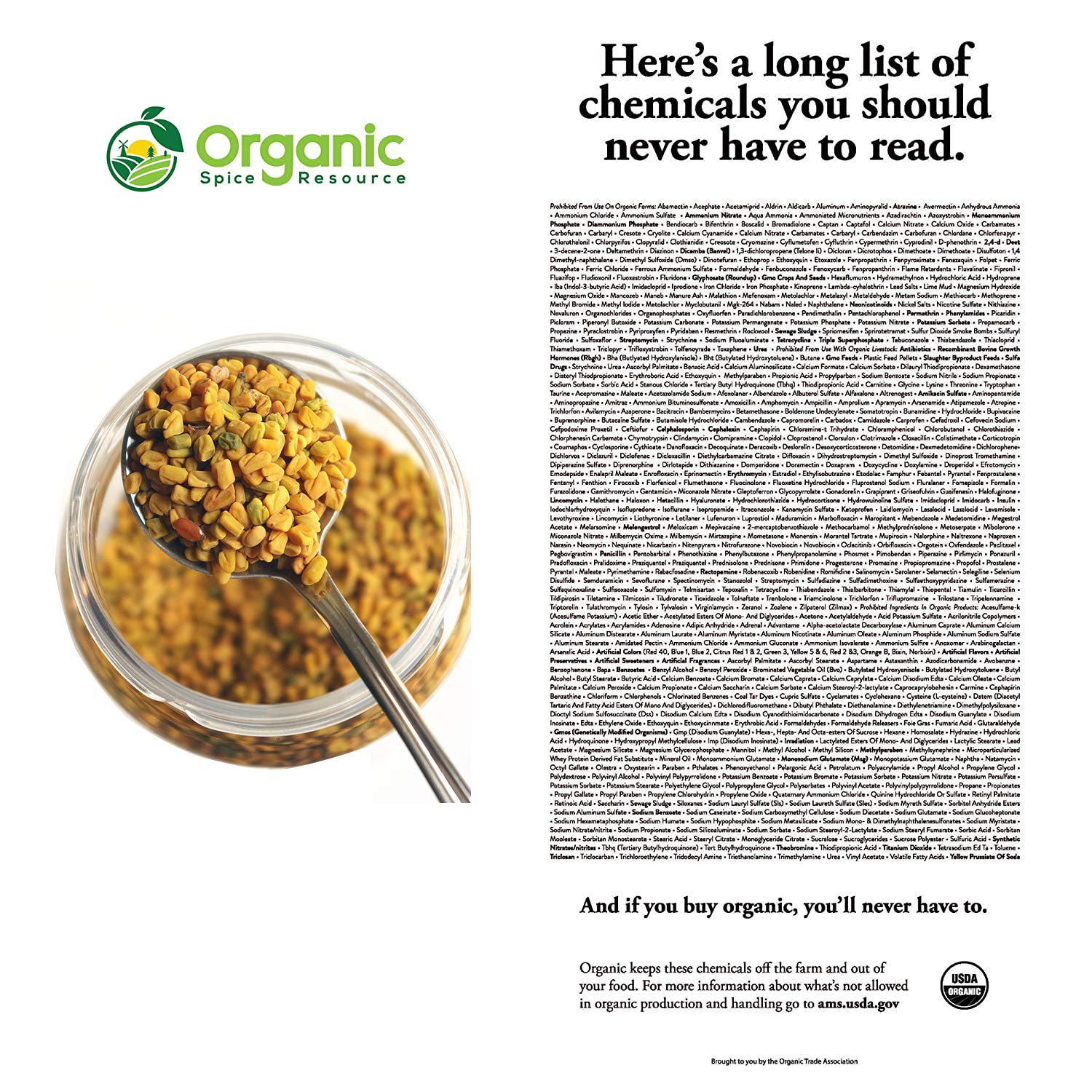 Organic Spice Resource fenugreek powder in resealable kraft bag ready for pantry storage.
