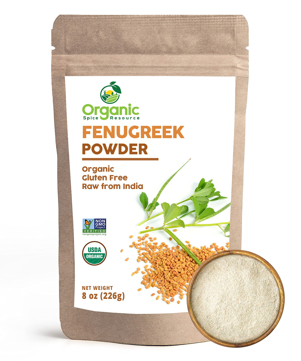 Organic Spice Resource fenugreek powder packaging with resealable bag for freshness.