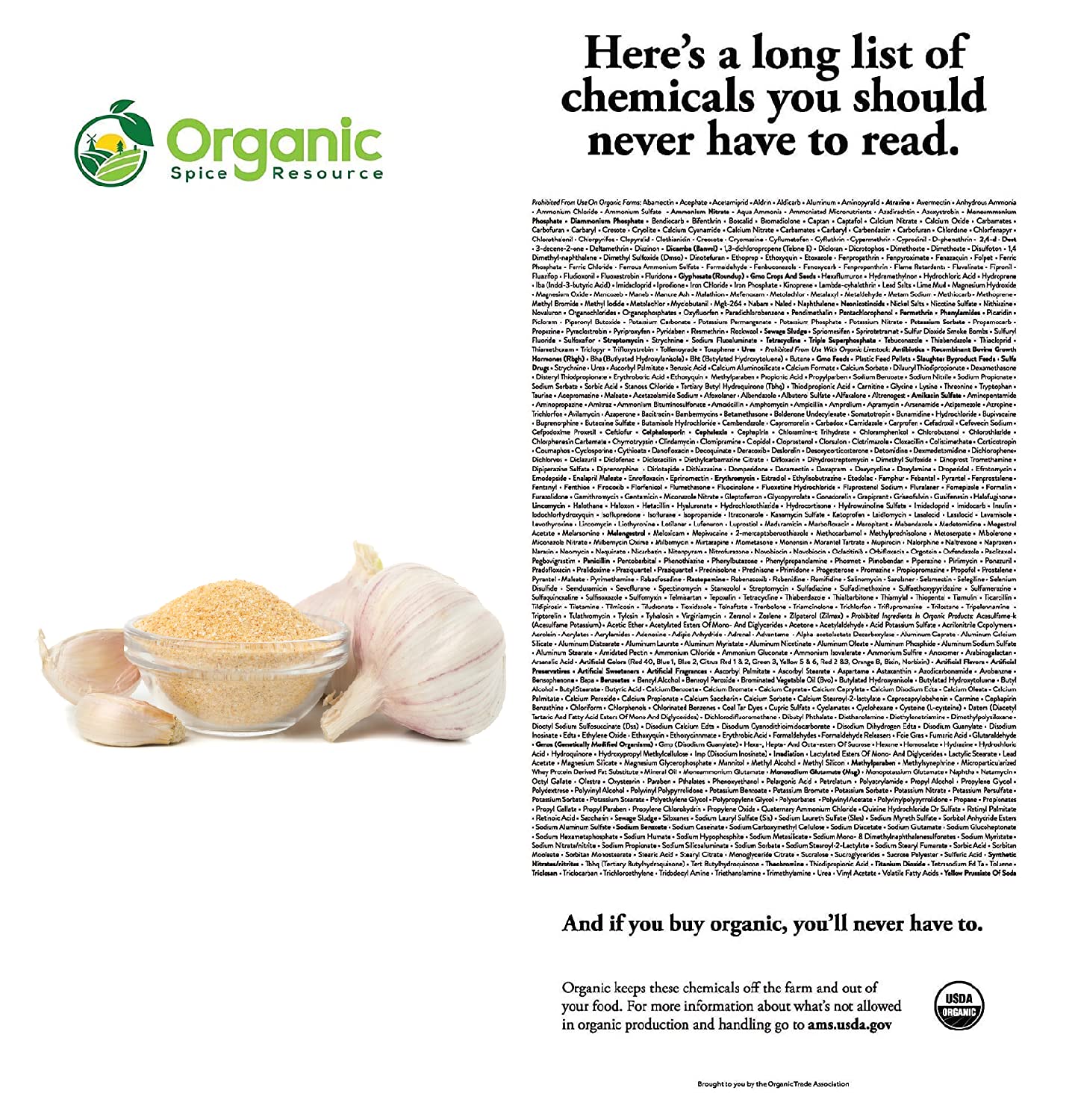USDA Organic and Non-GMO Verified packaging signals quality of garlic powder