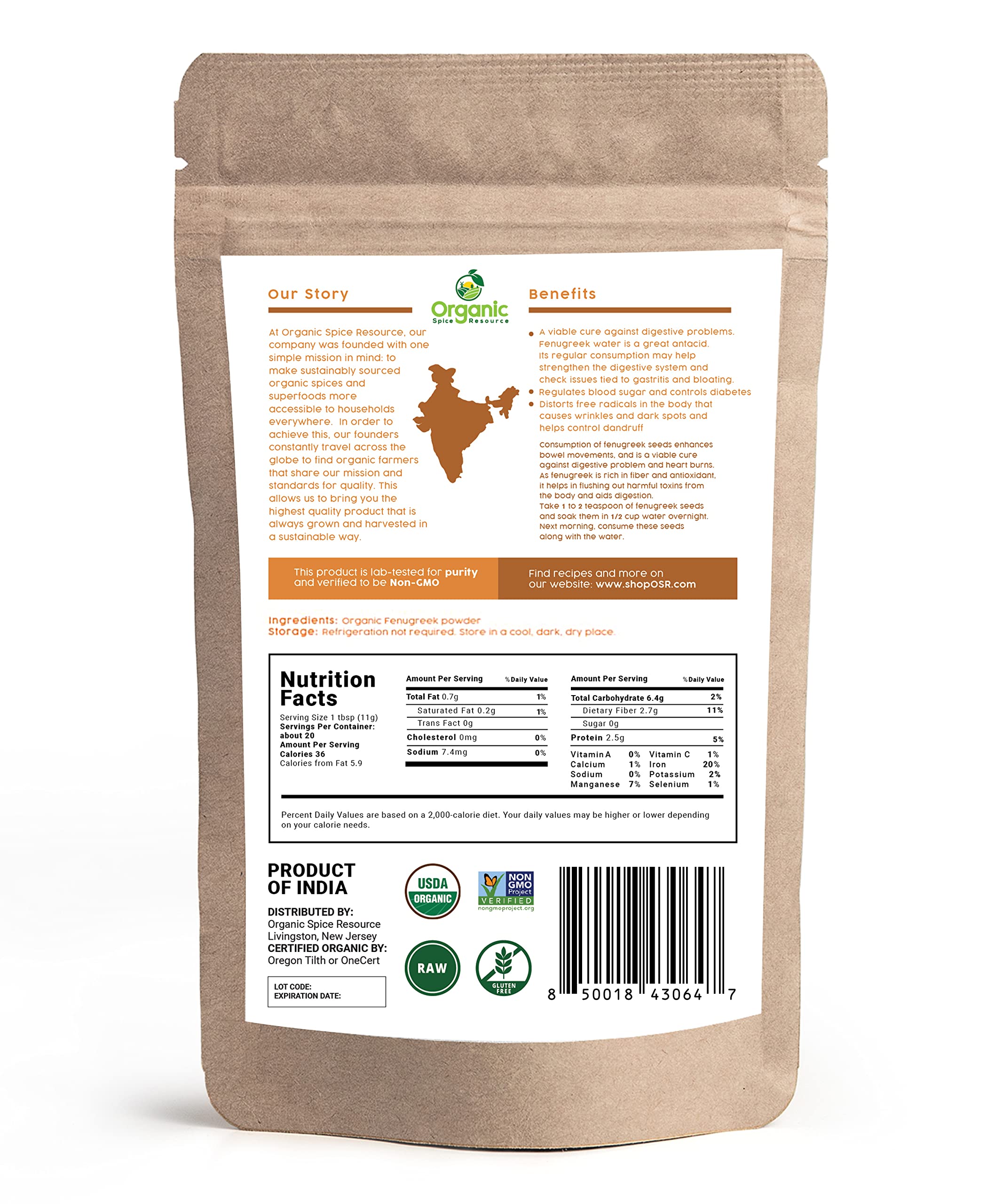 Kraft bag seal on Organic Spice Resource fenugreek powder highlighting freshness