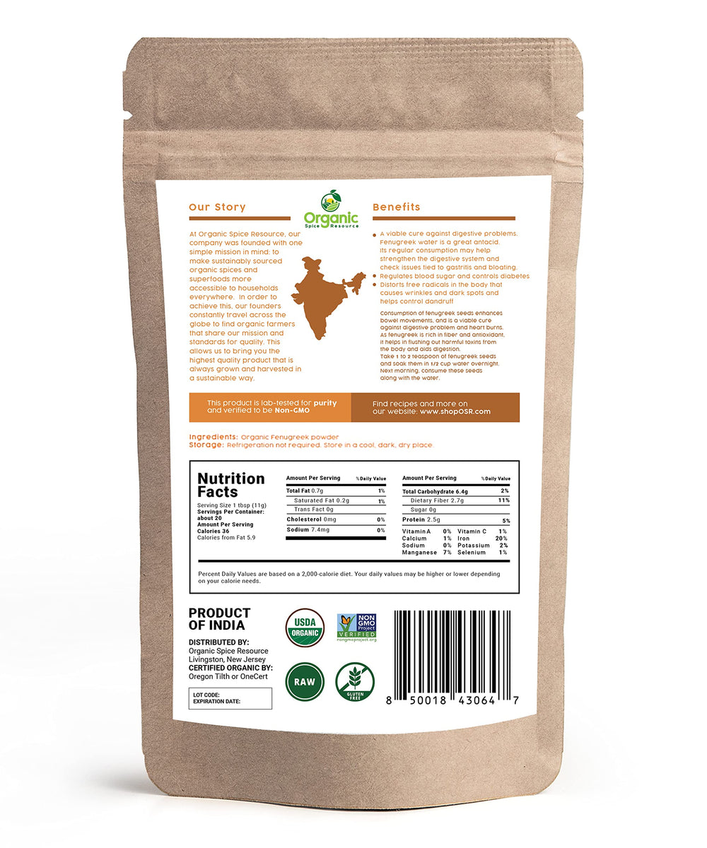 Kraft bag seal on Organic Spice Resource fenugreek powder highlighting freshness