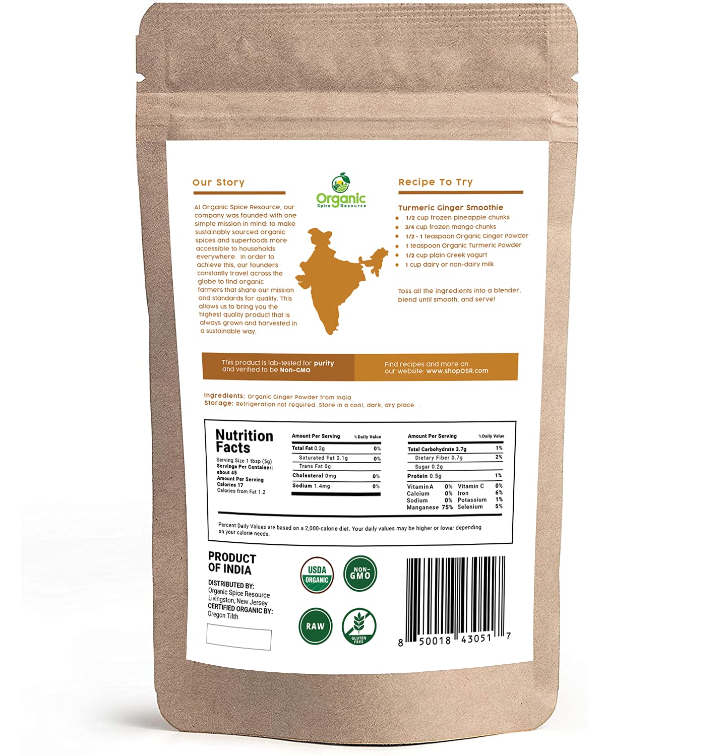 Organic Spice Resource resealable bag of ginger powder preserves freshness.