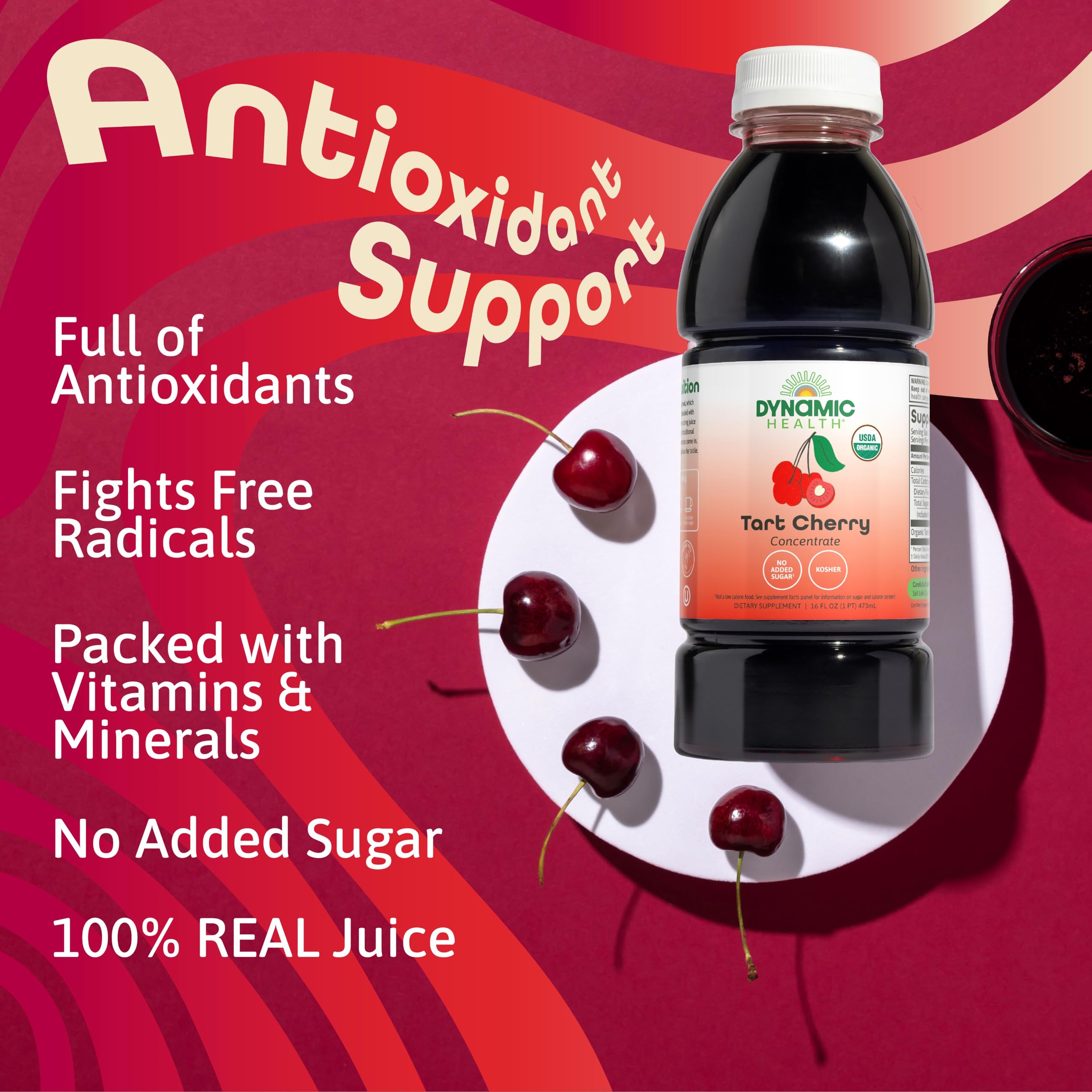 Organic tart cherry juice glass, gluten-free vegan beverage option.