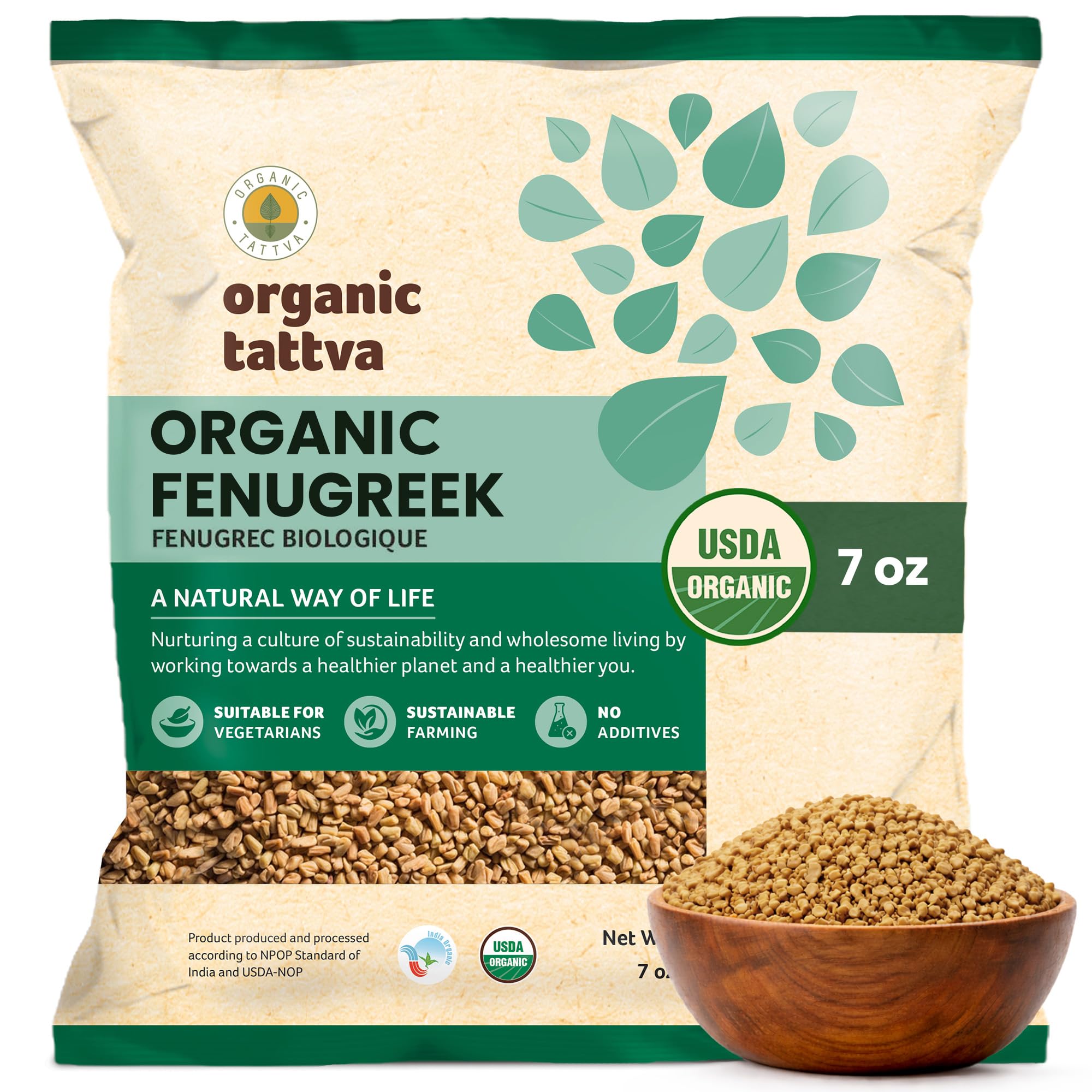 Organic Tattva fenugreek seeds 7oz pack showing rich aroma for cooking.