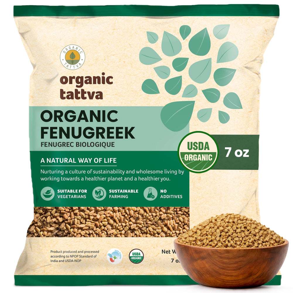 Organic Tattva fenugreek seeds 7oz pack showing rich aroma for cooking.