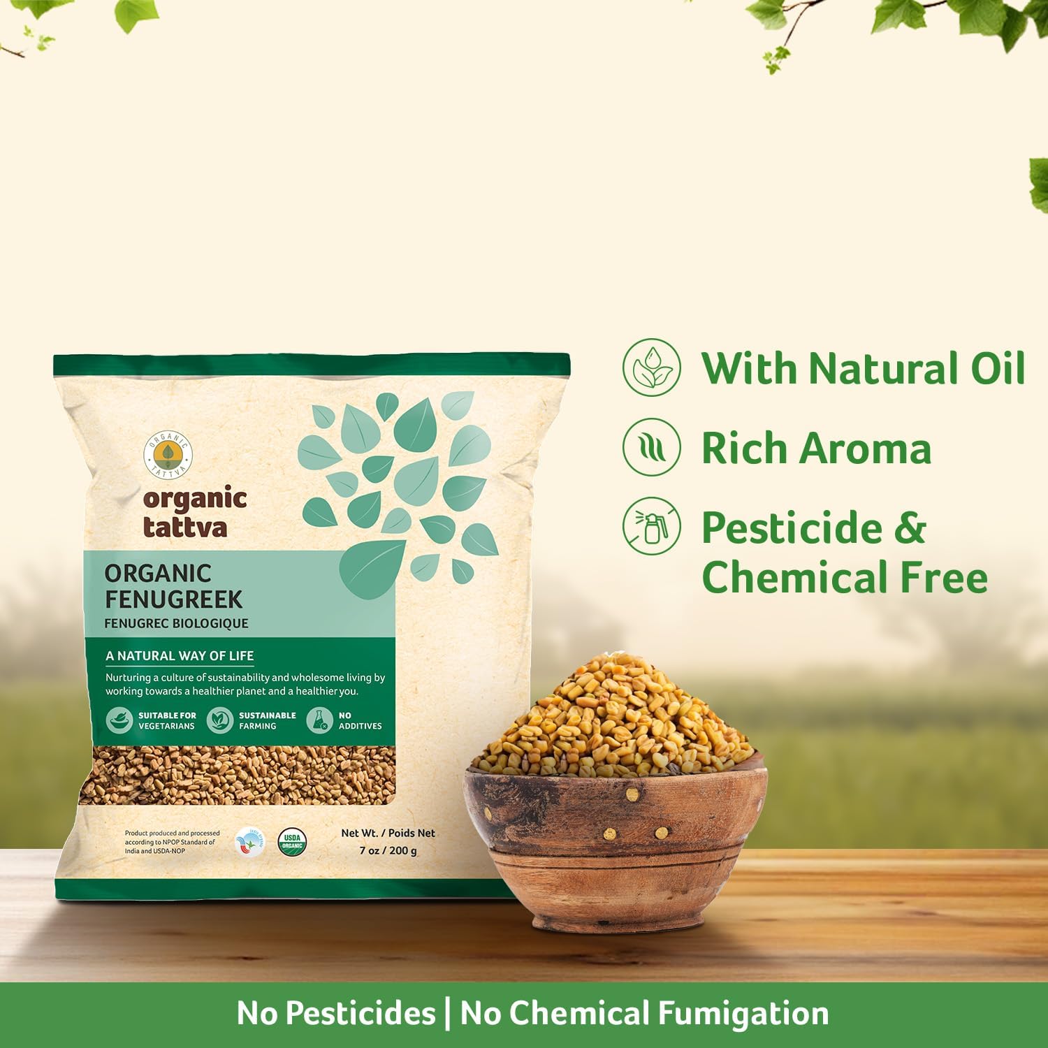 Organic Tattva fenugreek seeds dry herb pack ideal for garam masala blends.