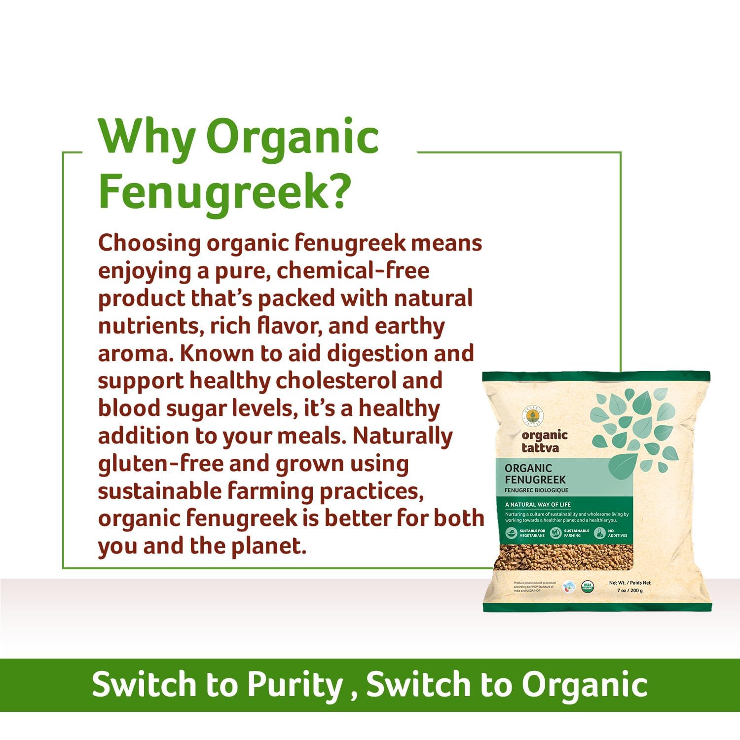 Organic Tattva fenugreek seeds origin India highlighting traditional sourcing.
