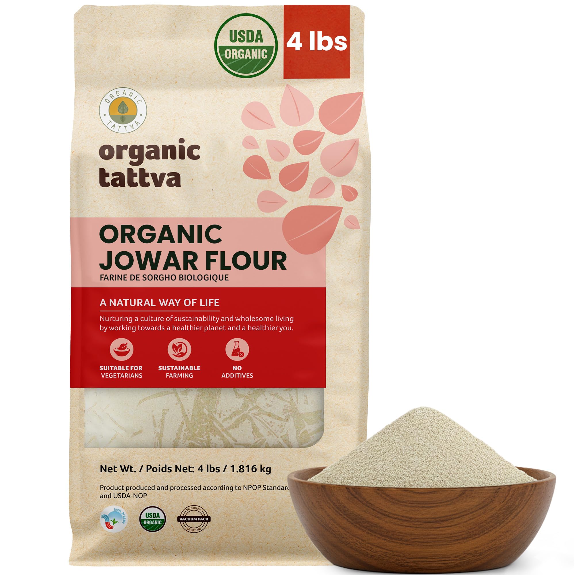 Organic Tattva Jowar Flour 4lb pack for versatile gluten-free baking at home