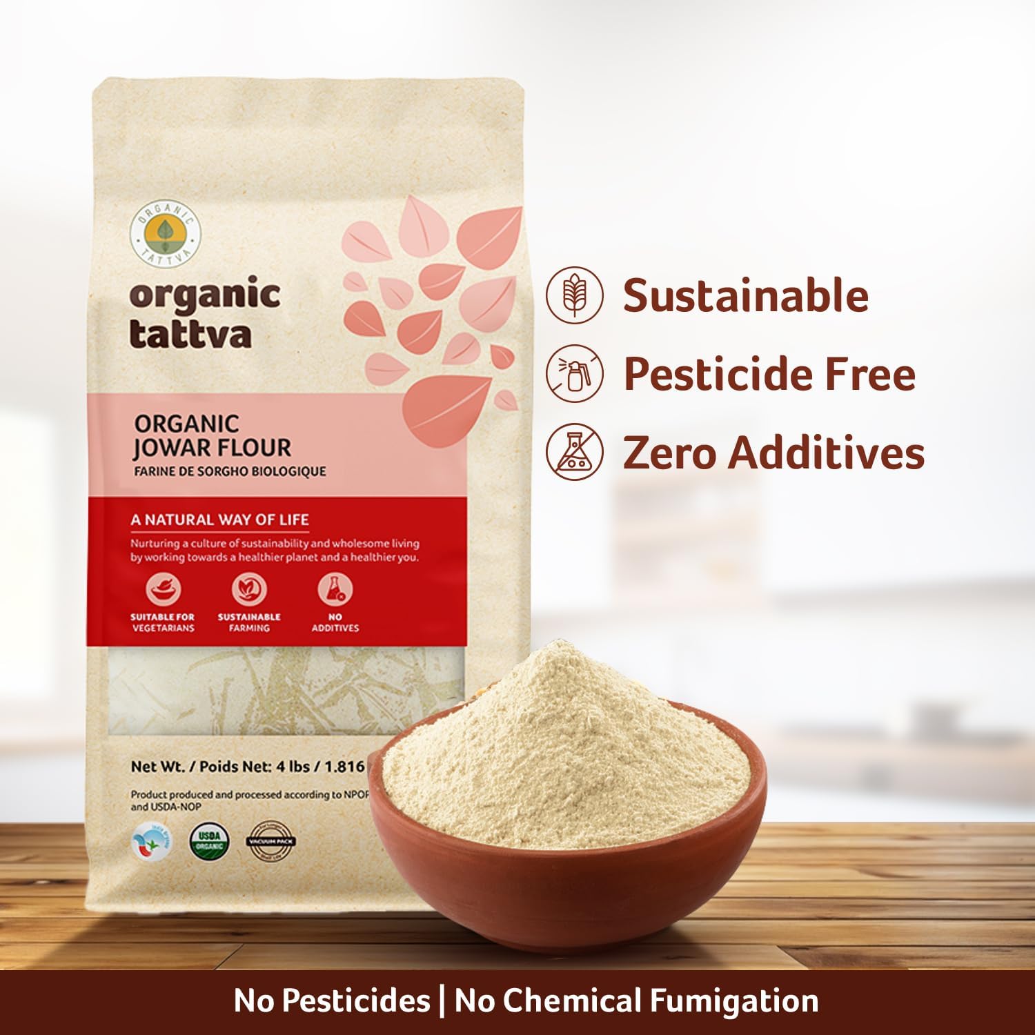 Organic Tattva Jowar Flour in a bowl highlighting fiber-rich plant-based protein