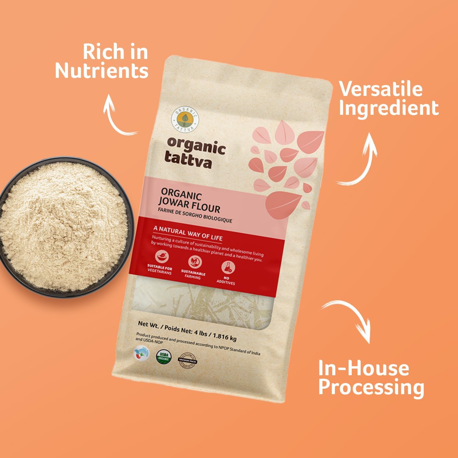 Organic Tattva Jowar Flour ingredients label closeup showing organic and non-GMO certification