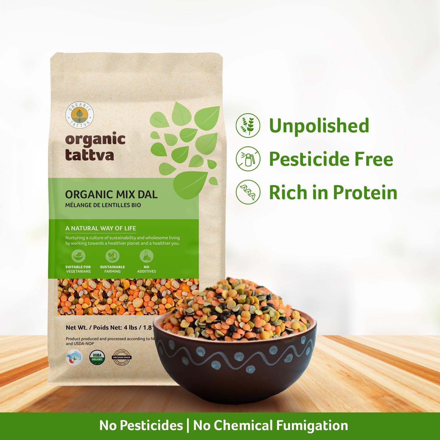 Pantry storage of Organic Tattva Mix Dal in a labeled bag