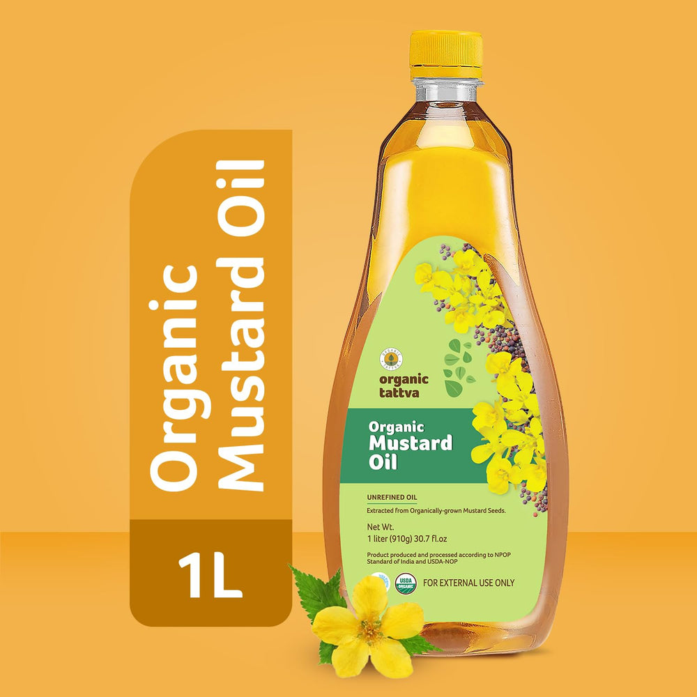 ORGANIC TATTVA mustard oil massage bottle showing warming application