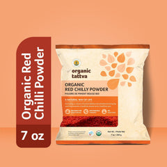 Organic Tattva Red Chili Powder jar close-up highlights rich pigment and natural oils.