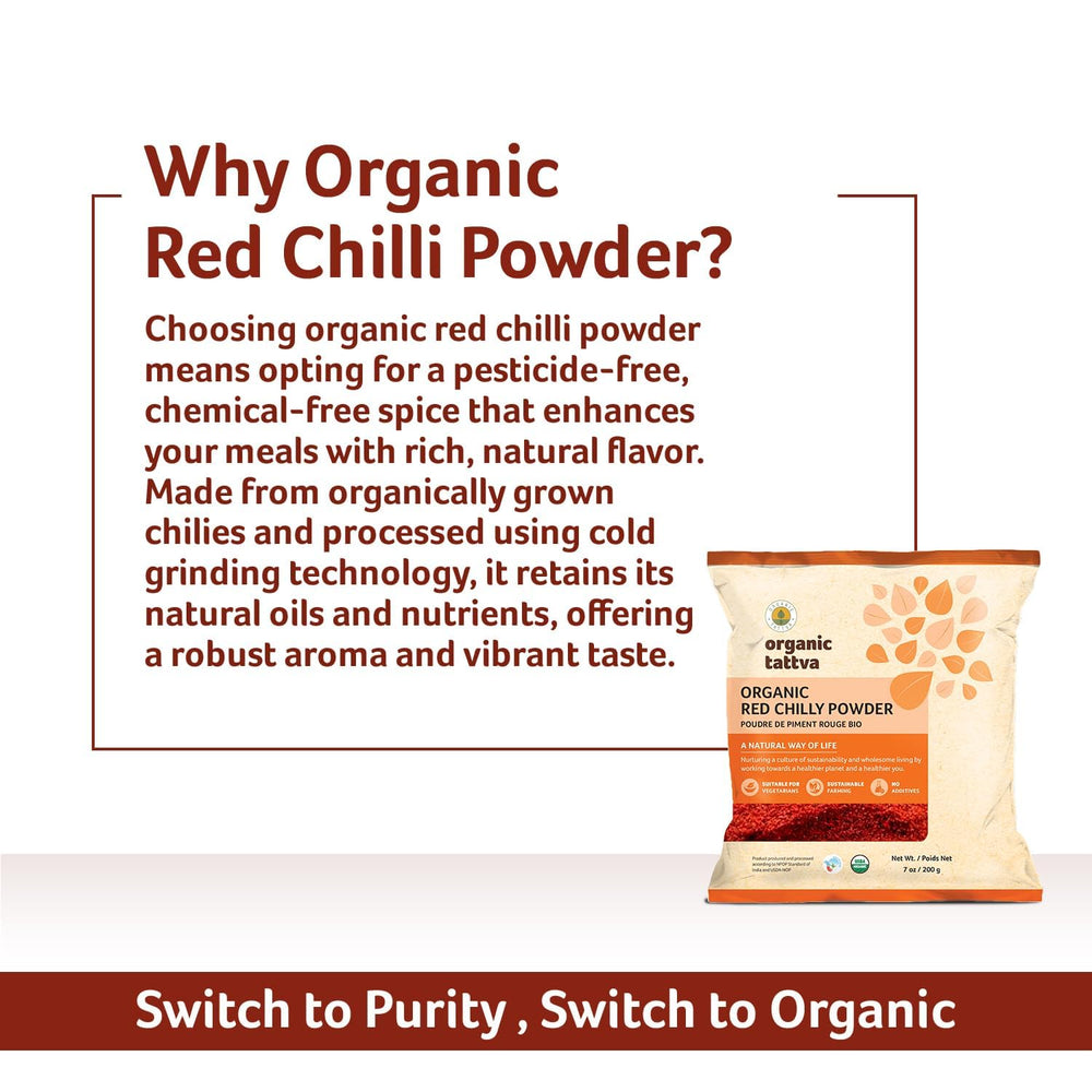 Organic Tattva Red Chili Powder with dried chiles origin and authentic Indian spice.