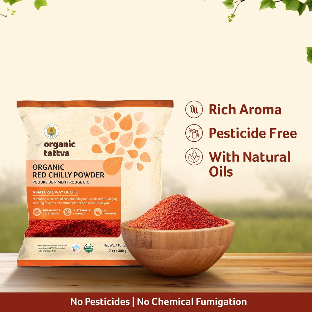 Organic Tattva Red Chili Powder on a spice shelf confirms gluten free option.