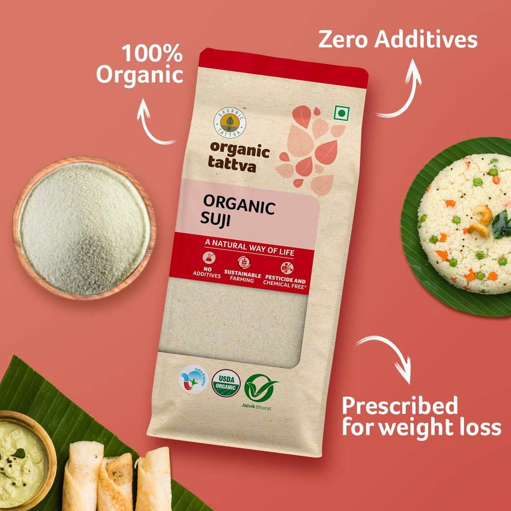 Measuring cup with Organic Tattva semolina for convenient portioning