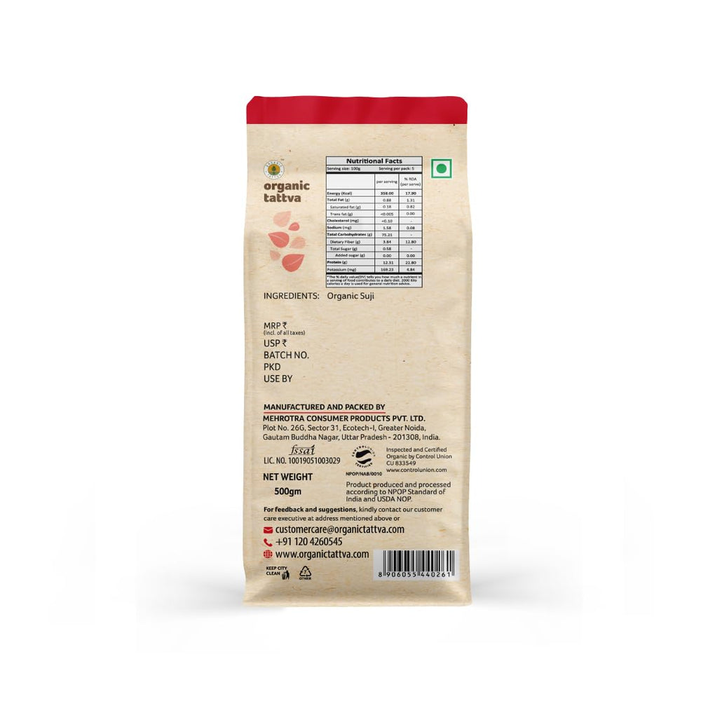 Organic Tattva semolina packaging front highlighting organic farming