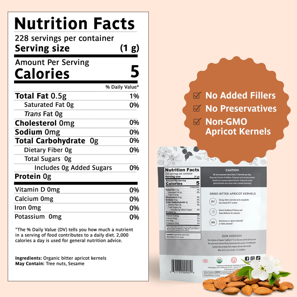 Organic Traditions apricot kernels raw closeup, single ingredient quality