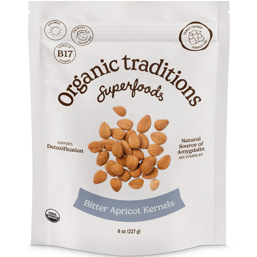 Organic Traditions apricot kernels sundried bottle, convenient vegan snack option