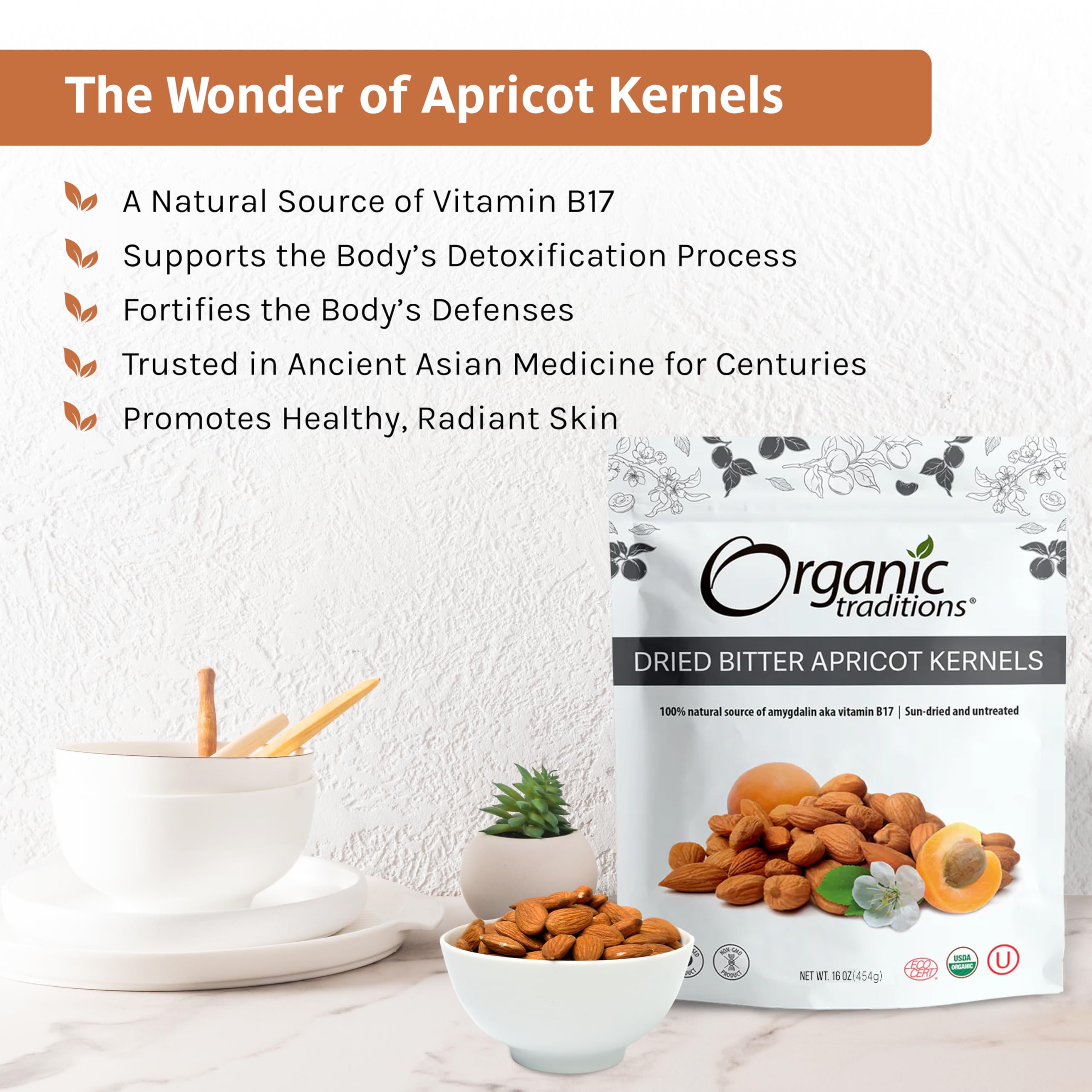 Organic Traditions apricot kernels in a bowl suggest versatile blending and snacking options