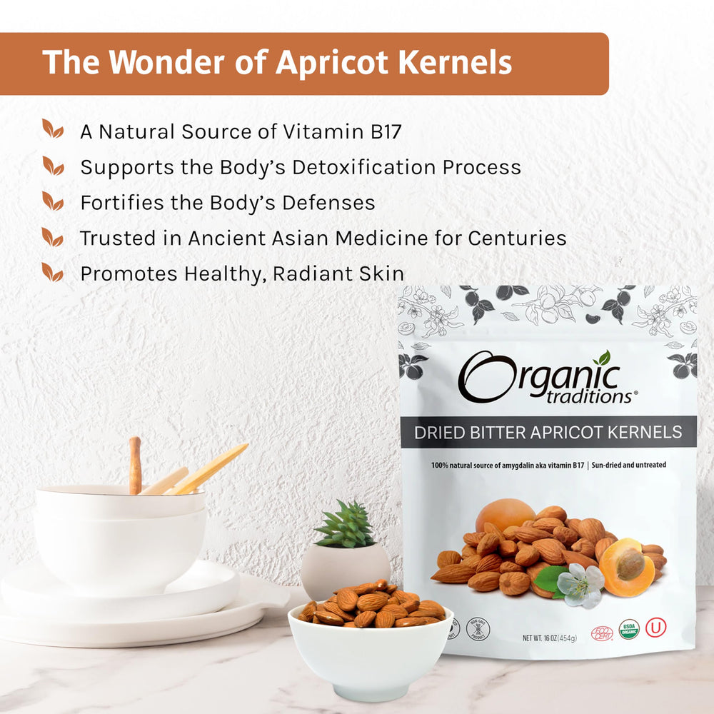 Organic Traditions apricot kernels in a bowl suggest versatile blending and snacking options