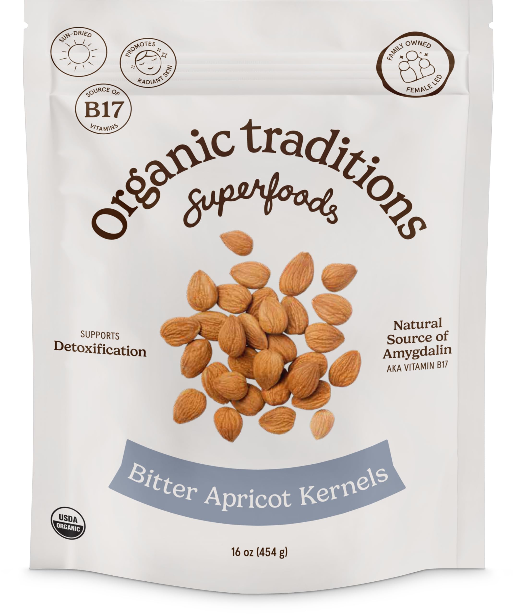 Organic Traditions apricot kernels sundried packaging shows raw single ingredient quality for mindful snacking